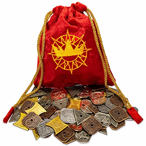 Stratagem King's Coffers 60 Assorted Fantasy Coins - Real Metal Tabletop RPG Currency with Velvet Pouch - Board Game Accessories Compatible with 5E - color: Color Assortment