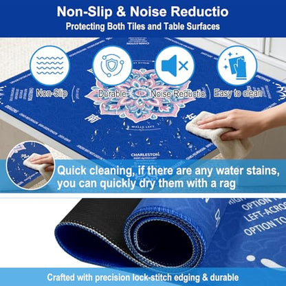 GreenD Mahjong Mat for Table 31.5"x31.5" Rubber American Mahjong Mat with Rules, Non Slip Noise Reduction Game Table Cover with Dice and Bag for Mahjong, Poker, Board, Card, Tile Games（Blue ）