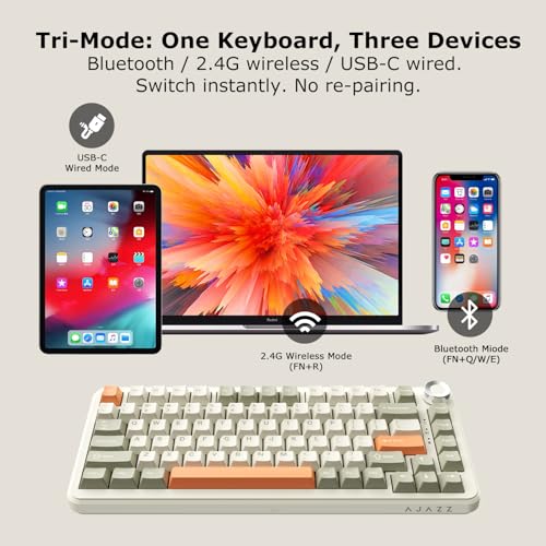 AK820 MAX 75% Custom Mechanical Keyboard, 82-Key Hot Swappable Gasket Mount, 8000mAh Tri-Mode Wireless Gaming & Office, Linear Flying Fish Switches, PBT RGB Backlit, Metal Volume Knob, Mac/Windows - color: Grey-White-Orange
