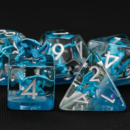Dragon Resin D&D Dice Set, 7-Piece DND Polyhedral Dice (D4, D6, D8, D10, D12, D20, D%) Dungeons and Dragons Dice Set - color: Blue Dragon