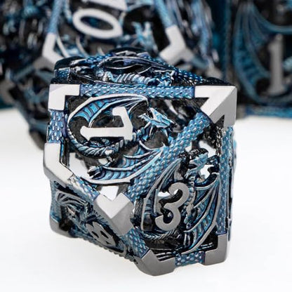 ARUOHHA Hollow DND Metal Dice Set Black Blue Dragons D and D Dice with Gift Box, Role Playing Games Dungeons Polyhedral Dice D20 D12 D10 D8 D6 D4 - color: Black Blue-01
