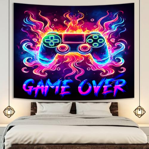 Manicer Blacklight Gaming Tapestry, Cool Neon Game Controller Wall Hanging for Boys Teens, UV Reactive GAME OVER Abstract Art 3D Gaming Poster Tapestries for Bedroom, Play Room - 59.1" x 80" - size: 80"L x 59.1"W