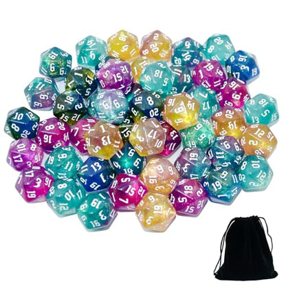 SmartDealsPro 50-Pack D6 D12 D20 6 12 20 Sided Dice Polyhedral Dice with Pouch for DND RPG MTG Table Game (D20, Sparkly Glitter) - color: Sparkly Glitter, style: D20