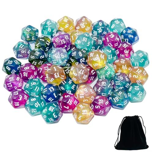 SmartDealsPro 50-Pack D6 D12 D20 6 12 20 Sided Dice Polyhedral Dice with Pouch for DND RPG MTG Table Game (D20, Sparkly Glitter) - color: Sparkly Glitter, style: D20