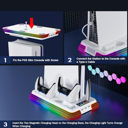 PS5 Cooling Station and PS5 Stand with RGB Controller Charging Station for PlayStation 5 Console, Controller Charger, Cooling Stand, PS5/Slim/Pro Accessories Kit with 3 Level Cooler Fan - color: piano-white