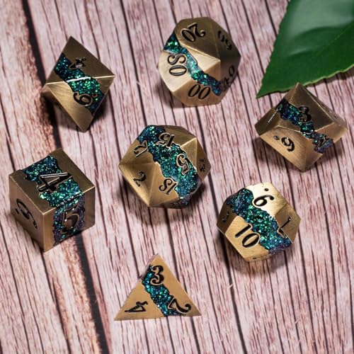 Metal Polyhedral Dice Set, 7PCS RPG Dice with Galaxy Glitter Resin Inlay for Dungeons and Dragons, Pathfinder Tabletop Role Playing Games - color: Antique Turquoise