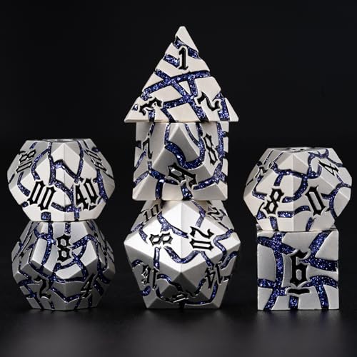 Cracked Rune Metal Dice Set for DND & RPG – Dark Fantasy Fractured Design, Premium Heavy Metal Polyhedral Dice with Deep Engraved Numbers, 7-Piece Set – Purple Arcane Vein - color: Pearl Silver Purple