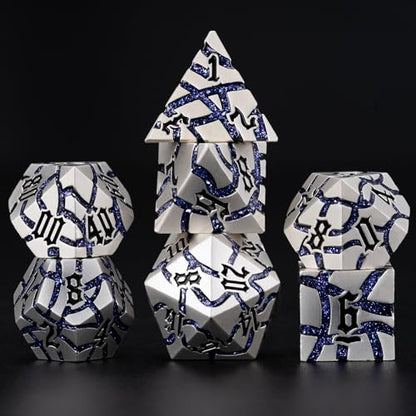 Cracked Rune Metal Dice Set for DND & RPG – Dark Fantasy Fractured Design, Premium Heavy Metal Polyhedral Dice with Deep Engraved Numbers, 7-Piece Set – Purple Arcane Vein - color: Pearl Silver Purple