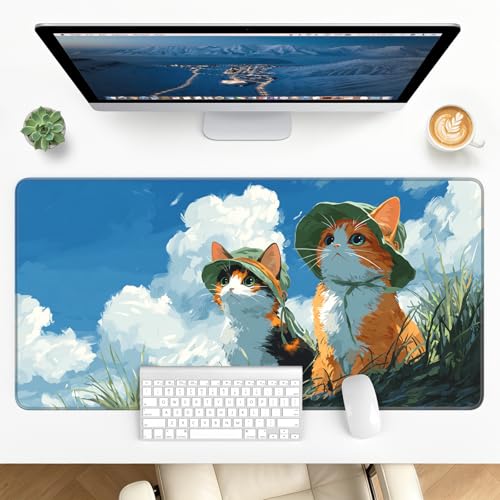 Large Gaming Mouse Pad, XL Desk Protector, Non-Slip Base | 31.5x15.7 in Extended Desk Mat with Stitched Edges for Keyboard, Work, Game, Office, Home PC and Laptop - color: Hat Cats
