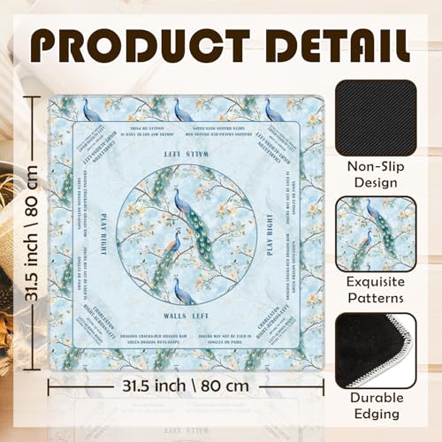 Blue Chinoiserie Peacock Floral Mahjong Mat 31.5 x 31.5 in,Traditional Chinese Flower Non-Slip Noise Reduction Gaming Mat for Table American Mahjong Poker Board Games Card Games Dominoes - color: Blue Chinese Style Peacock Mahjong Mat