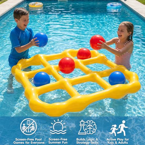 Tic-Tac-Toe Pool Toys Game Set, Giant Inflatable Floating Board Set with 10 Balls, Pool Toys Party Game for Kids Adults Teens, Summer Water Party Backyard Beach Yard Field Day Outdoor Activities | 53.5-Inch Floating Board • 10 Balls + Pump • 2–10 Players