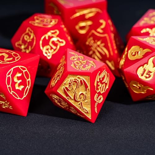 Cusdie 7-Piece Sharp Edges DND Dice Set with Dragon Pattern - Perfect for Tabletop RPGs Board Games Gifting and Collecting(Red with Gold Number) - color: Dragon Pattern R/G