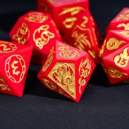 Cusdie 7-Piece Sharp Edges DND Dice Set with Dragon Pattern - Perfect for Tabletop RPGs Board Games Gifting and Collecting(Red with Gold Number) - color: Dragon Pattern R/G