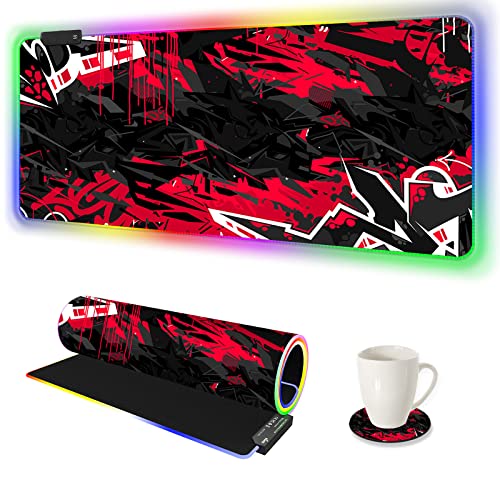AIMSA Large RGB Gaming Mouse Pad, Keyboard Mousepad Led Extended 35.4 x 15.8 inch Non-Slip Rubber Base with 14 Lighting Modes, Big Desk Mat Waterproof, Red Black - color: Red Black