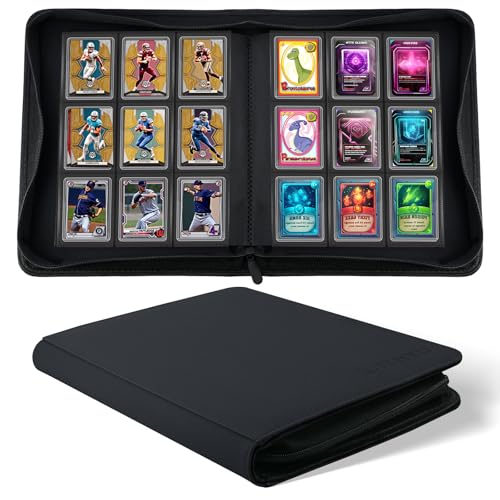 Toploader Binder 9 Pocket – WITHYU Ringless PU Leather Card Album with Zipper for 3"x4" Rigid Cards, Holds 288 Cards for TCG, MTG & Sports Card Collection, Black - color: Black, size: 9 Pocket