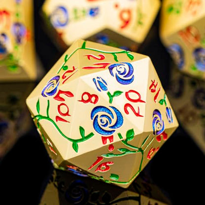 Gothic DND Dice Set Bleeding Rose Metal D and D Dice for use with Dungeons Dragons D&D Role Playing Game, Blue Purple RPG Polyhedral Dice Set D20 D12 D10 D8 D6 D4 - color: Purplish Blue&gold&red Numbers
