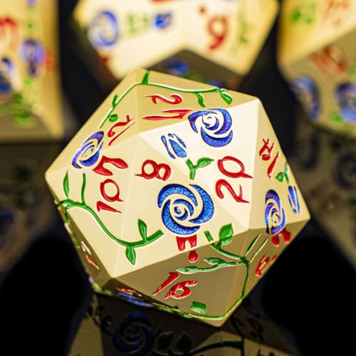 Gothic DND Dice Set Bleeding Rose Metal D and D Dice for use with Dungeons Dragons D&D Role Playing Game, Blue Purple RPG Polyhedral Dice Set D20 D12 D10 D8 D6 D4 - color: Purplish Blue&gold&red Numbers