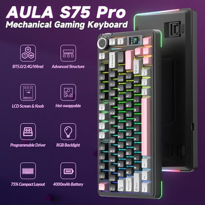 AULA S75 PRO Wireless Mechanical Keyboard with Screen&Knob, 75% Hot Swappable Gaming Keyboard with Pre-lubed Switches, RGB Backlit, PBT Keycaps Creamy Sounding Pc Gaming Keyboards - color: Black&Gray&Pink