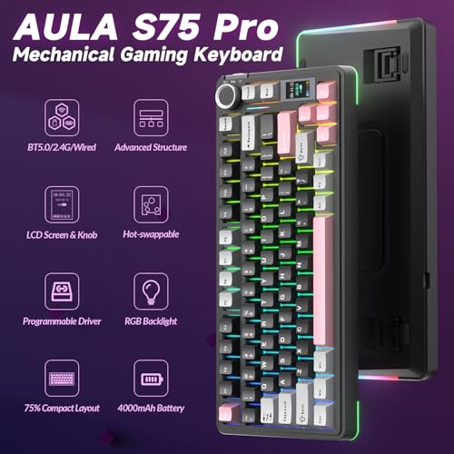 AULA S75 PRO Wireless Mechanical Keyboard with Screen&Knob, 75% Hot Swappable Gaming Keyboard with Pre-lubed Switches, RGB Backlit, PBT Keycaps Creamy Sounding Pc Gaming Keyboards - color: Black&Gray&Pink