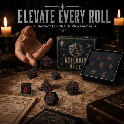 Asteroid Metal DND Dice Set, 7-Piece Polyhedral Dice | Solid zinc alloy dice with meteor texture, heavy feel, easy-read numbers, and storage box for tabletop gaming - color: Black and Red