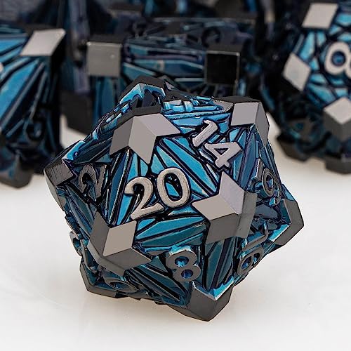 7PCS Metal DND Dice Set with Box, Debris RPG Black Blue D and D Dice for use with D&D Tabletop Games Role Playing Game Polyhedral Dice Set D20 D12 D10 D8 D6 D4 - color: Black Blue