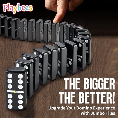 Playbees Jumbo Double Six Dominoes Set - 28 Black Classic Tiles in Faux Leather Case - Fun Educational Toy for Kids, Boys, Girls, Classroom Kit, Classic Game Night Party Favors Set, Travel-Friendly - size: Black