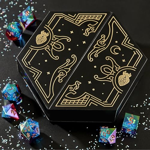 Iridescent DND Dice Set with Glowing LED Display Box – Sharp Edge Polyhedral Dice with Mesmerizing Finish | Bonus Stickers Included | Dungeons and Dragons (TTRPG) Dice Set - color: (Non-liquid Core) Iridescent - Aetherflare