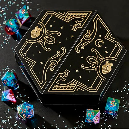 Iridescent DND Dice Set with Glowing LED Display Box – Sharp Edge Polyhedral Dice with Mesmerizing Finish | Bonus Stickers Included | Dungeons and Dragons (TTRPG) Dice Set - color: (Non-liquid Core) Iridescent - Aetherflare