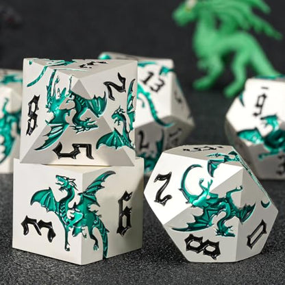 Sharp Edge Metallic DND Dragon Dice Set,Metal Polyhedral Dice with Dragon for Dungeons and Dragons RPG TTRPG D&D 7-Die Set with Gift Case Pearl Silver Transparent Green - color: Dragon-pearl Silver Transparent Green