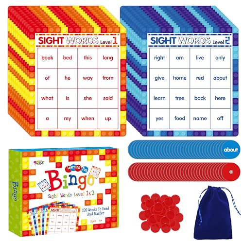 SpriteGru Sight Word Bingo Game, 120 Sight Words Learn to Read Level 1 & Level 2 Bingo Board Game Dolch's & Fry's Words Lists for Kindergarten and Preschool Kids 4-8, Perfect for Classroom & at Home - style: Sight Word Bingo Game Level 1-2