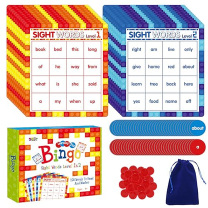SpriteGru Sight Word Bingo Game, 120 Sight Words Learn to Read Level 1 & Level 2 Bingo Board Game Dolch's & Fry's Words Lists for Kindergarten and Preschool Kids 4-8, Perfect for Classroom & at Home - style: Sight Word Bingo Game Level 1-2