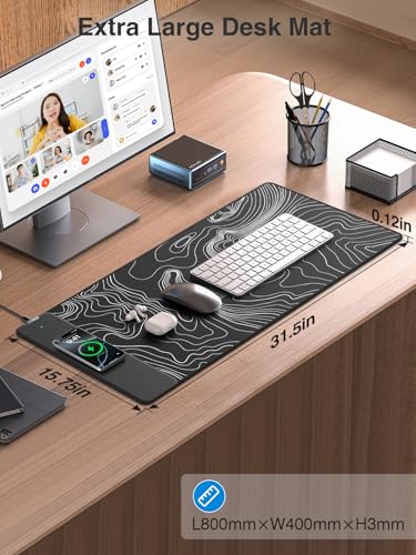 Wireless Charging Mouse Pad, 31.5"x15.8" Large Desk Mat, Smooth Glide | Waterproof Mousepad, Stitched Edge, Non-Slip Rubber Base, Desk Pad Computer Keyboard Mat, No Adapter - color: Black-31.5"x15.8"-Contour