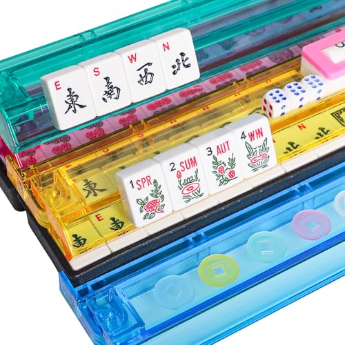 American Mahjong Game Set, 166 White Tiles, 4 All-in-One Color Rack/Pushers, Complete Mahjong Tile Set Red Printed Carrying Bag - color: Red