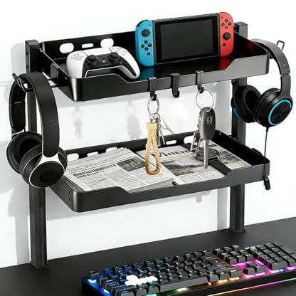 2-Tier Clamp on Desk Shelf, Dual-purpose Desk Organizer (Used on or Under Desk Storage), Desk Shelf Clamp with Hooks and High Load-bearing capacity, Suitable for Office Desk, Gaming Accessories