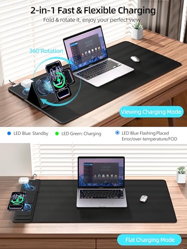 Mouse Pad with Magnetic Wireless Charging & Adjustable Phone Stand, 31.5"x15.8" Extended Desk Mat, Waterproof Ultra-Smooth Keyboard Pad, Non-Slip Base, with 20W PD Adapter, Black - color: Black-Magnetic Stand-31.5"x15.8"-Adapter