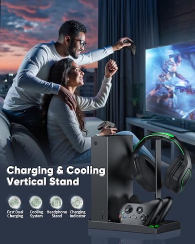 Charger Stand with Cooling Fan for Xbox Series S Console and Controller,Vertical Dual Charging Dock Accessories with 2 x 1400mAh Rechargeable Battery and Cover, Earphone Bracket for XSS(Black) - color: Black