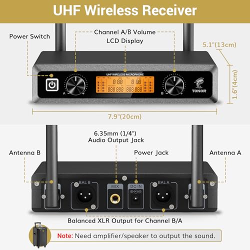 TONOR Wireless Microphones System, 2 * 15 Channel Dynamic Mics Silver*2 | UHF Handheld Metal Mic with Receiver, Pro Cordless Micro for Karaoke, Meeting, Party, Church, DJ, Wedding, KTV, 200ft, TW-820 - style: 2 Mics