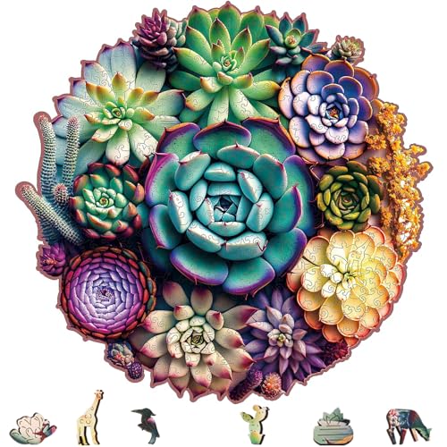 Delobi Mandala Succulent Wooden Puzzles, 200 Pieces Jigsaw Puzzles 11.3'' x10.9'', Unique Design Wooden Puzzles for Adults and Kids, Family Game Gift Medium Size - color: Succulent Mandala, size: 200Pcs
