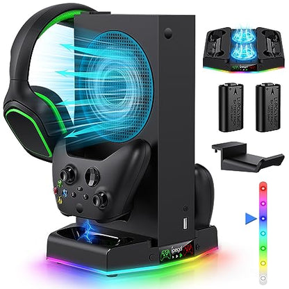 Cooling Stand & Charge Station for Xbox Series S with RGB Light Strip,Black | Dual Controller Charger & Cooler Fan for XSS Console Accessories with 2*1400mAH Rechargeable Battery Pack,1*Headphone Hook - color: Black