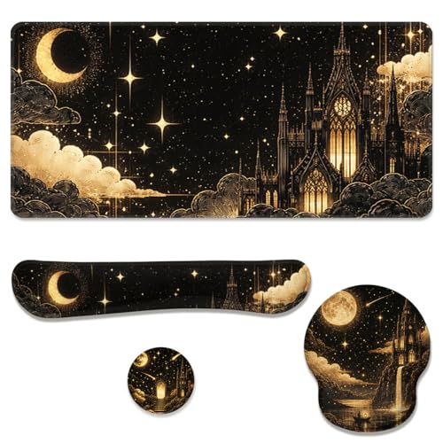 Fantasy Castle Desk Mat Set Celestial Gothic Night Large Mouse Pad with Wrist Rest 4-in-1 Desk Mat for Desktop Ergonomic Computer Desk Arm Wrist Anti-Slip Computer Ergonomic Mouse Pad Office Gaming - color: Fantasy Castle, size: 34.5" x 15.7"