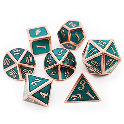 Haxtec Metal DND Dice Set, 7 Pcs Teal Polyhedral Dice for Table Games | Copper D&D Dice with Leather Bag, Compatible with Dungeons and Dragons, Ancient Heavy Metallic, Druid Dice, RPG Gifts - color: Copper Teal