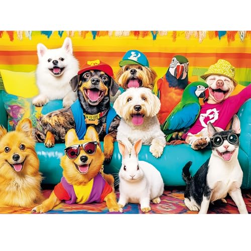 300 Piece Puzzles for Adults, Funny Dog, Cat, Bunny Cartoon Animal Puzzle, Colorful Pet Jigsaw Puzzles for Adults, Seniors, and Kids, Finished Size 20.5 x 15 in, Ideal Gift Choice - style: Party Pets