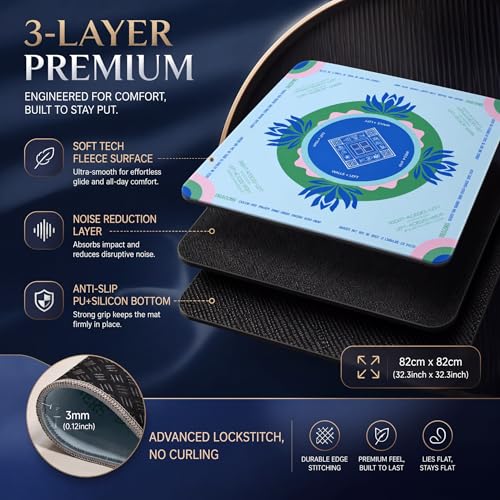Mahjong Mat 32.3 Inch Non-Slip Waterproof Velvet Noise Reducing Table Mat | No crease, no odor; lightweight PU silicone base, printed game rules, carry bag; for tiles & cards, light blue - color: Light-blue
