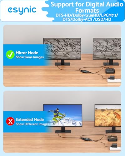 eSynic 4K@30Hz HDMI Splitter 1x2-1 in 2 Out HDMI Splitter for Dual Monitors-Plug & Play-Supports1080P 3D HDCP Bypass – for PS4/PS5, Projector, PC, TV, Office Conference -Only Mirror No Extend Mode - size: 1 In 2 Out