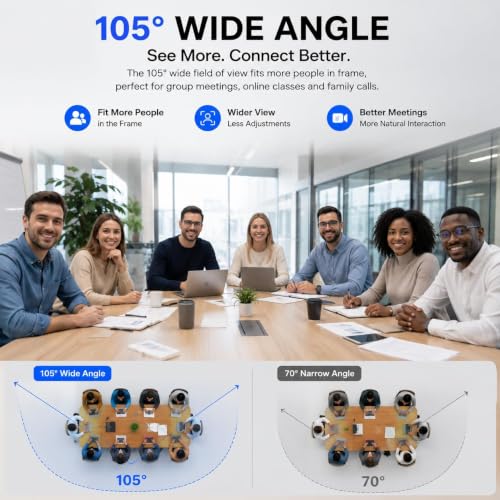 1080P Webcam with Microphone, Privacy Cover & USB-C Adapter | 105° FOV, Fixed Focus, Auto Light Correction, Plug & Play USB-A Camera with Tripod for Zoom, Teams, FaceTime and YouTube