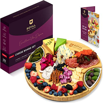 ROYAL CRAFT WOOD Large Round Cheese Board and Knife Set - Charcuterie Board, Bamboo Cheese Board Set, Cheese Tray Set, Wooden Cheese Plate Set 13.7 Inch - style: 2-4 Guests