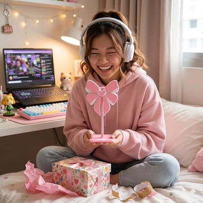 Pink Bow Headphone Stand for Desk - Upgraded Aluminum Alloy & Wood Gaming Headset Holder,, Cute Gamer Girl Gifts for Women, Girls, Wife, Office Decor with Anti-Slip Base (Pink Bow)