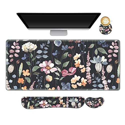 ARTSO Gaming Mouse Pad Wrist Support Set, XXL Large Desk Mat Mousepad + Keyboard Wrist Support+ Mouse Wrist Rest+Coaster 4in1 Ergonomic, Memory Foam, Stitched Edge for Home Office -Flowers Plants - color: Flowers Plants