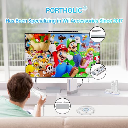 PORTHOLIC 4 in 1 Wii Replacement Cables Set, Wii AC Power Adapter + Wii to hdmi Converter+ Wired Motion Sensor Bar and Composite Audio Video Cable for Nintendo Wii - color: White