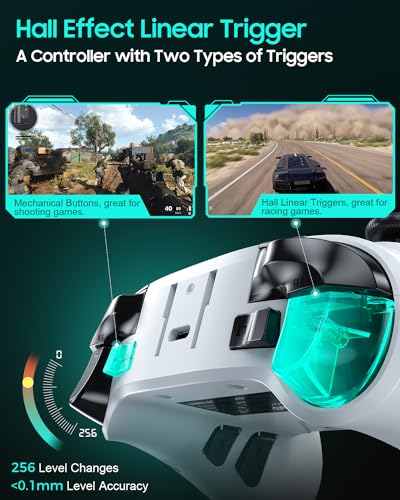 Dual Hall Effect PC Controller-No Drift No Dead Zone, Bluetooth Controller for PC Windows/iPhone/Android/Switch/Steam Deck/TV/Tesla with Hall Triggers & Joysticks/Joystick Speed Down (No Phone Clip) - color: White